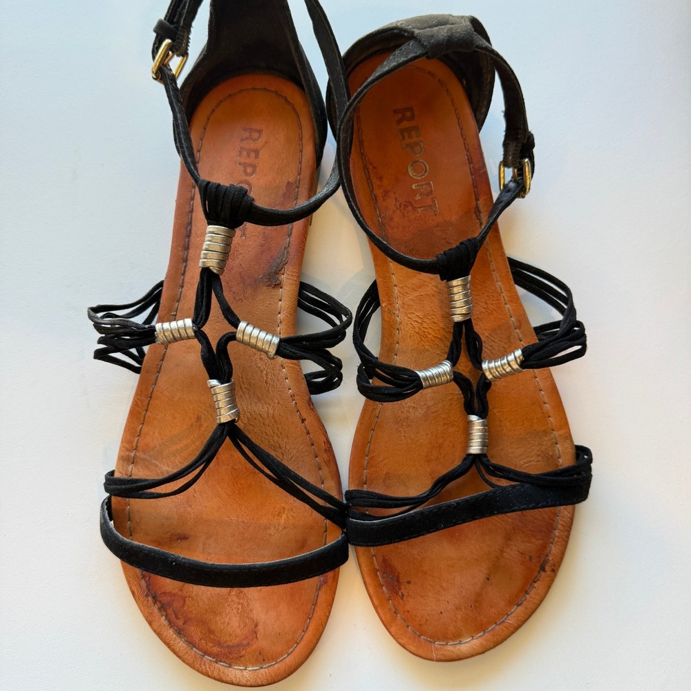 Report Womens Black Strappy Gladiator Flat Sandals Silver Bead Detail Boho